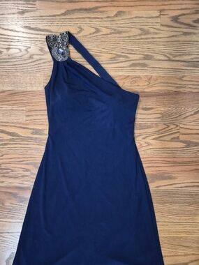 One-Shoulder Navy Evening Dress with Beaded Accent